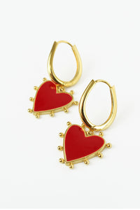 Oval Hoop Drop Earrings with Enamel Red Heart