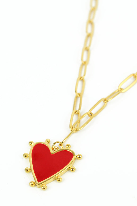 Oval Chain Necklace with Enamel Red Heart