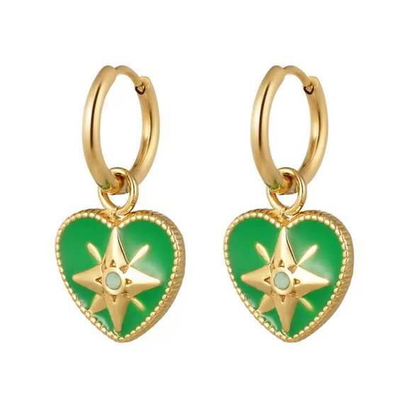 Green Heart Enamel Earrings