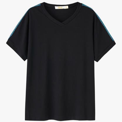 T-shirt noir à col en V avec manches bordées de rayures bleues pailletées