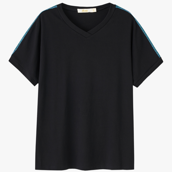 Black V Neck T-Shirt with Blue Glitter Stripe Trimmed Sleeve
