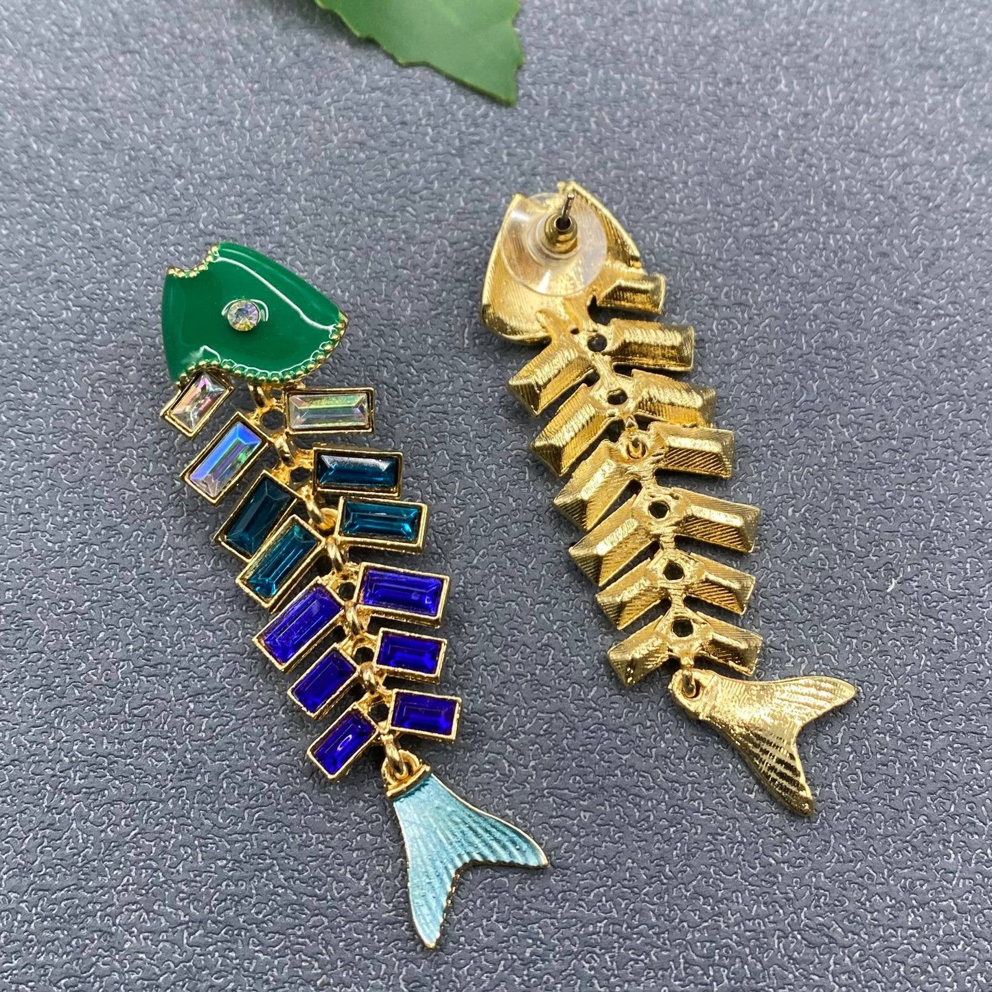 Rhinestone Enamel Fishbone Earrings