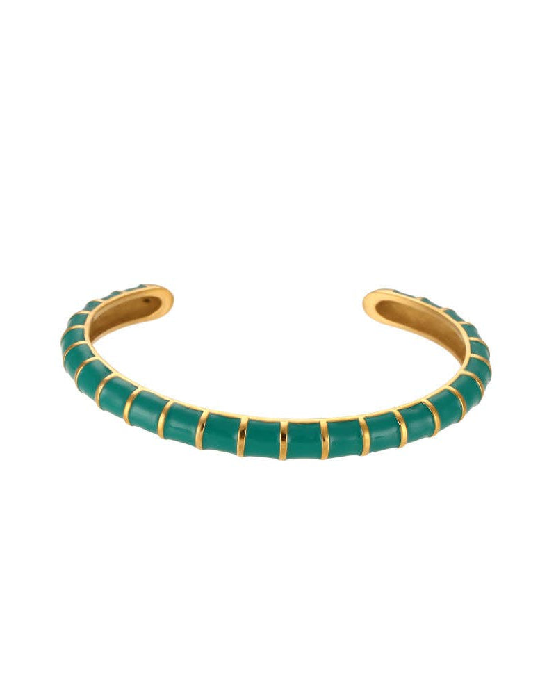 Green enamel C-shape cuff bangle in 18k gold plated stainless steel