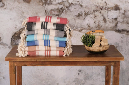 Striped Turkish Cotton Peshtemal Bath Beach Gym Spa Towel - Blue