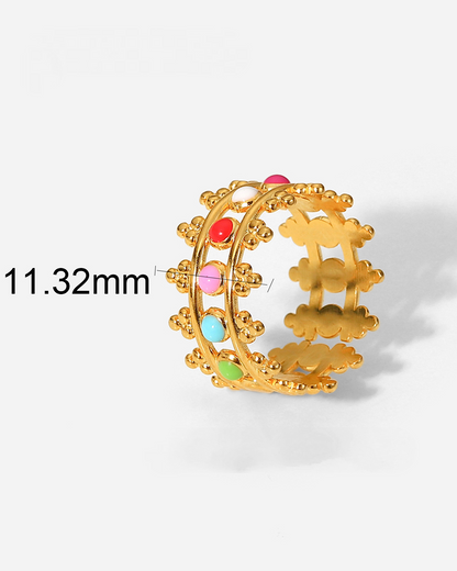 Gold ring with colorful gemstones on a white background with size added