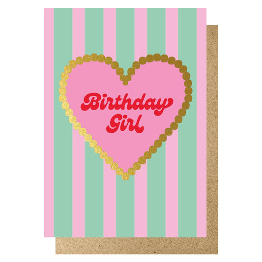 Birthday Girl mint & pink stripe gold heart card