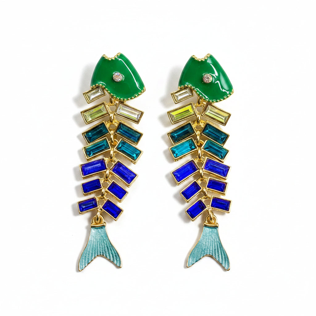 Rhinestone Enamel Fishbone Earrings