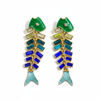 Rhinestone Enamel Fishbone Earrings