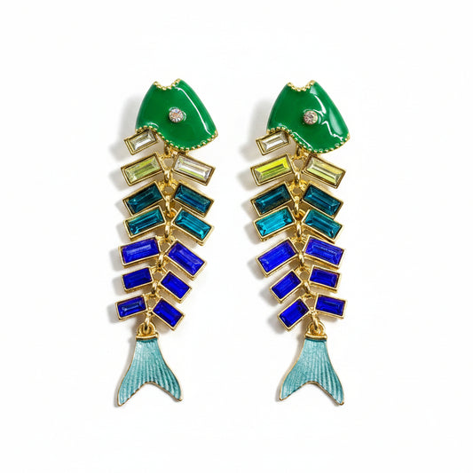 Rhinestone Enamel Fishbone Earrings