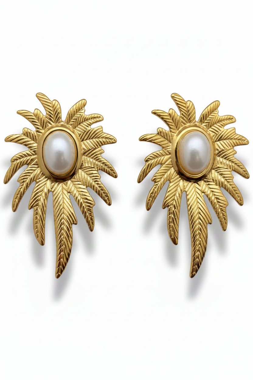 Pearl Inlaid Leaves 18K Gold Plated Earrings