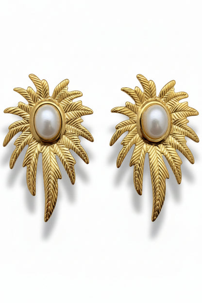 Pearl Inlaid Leaves 18K Gold Plated Earrings