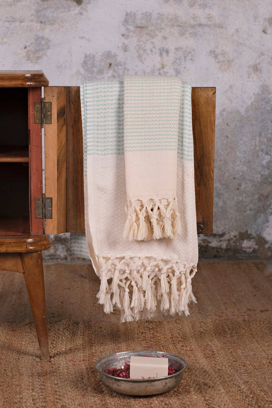Cream and Mint Turkish Hand Towel