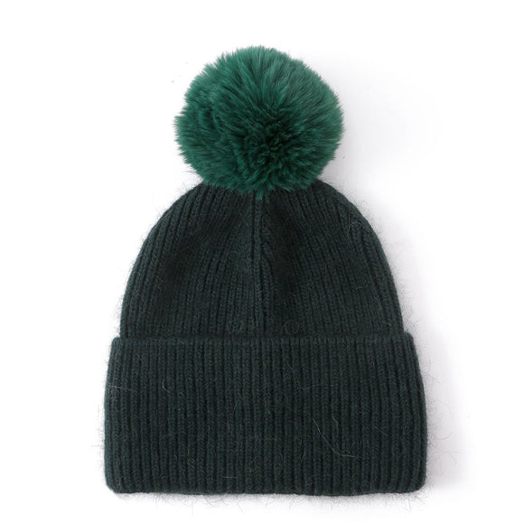 Wool Hat with Pom Pom - Dark Green