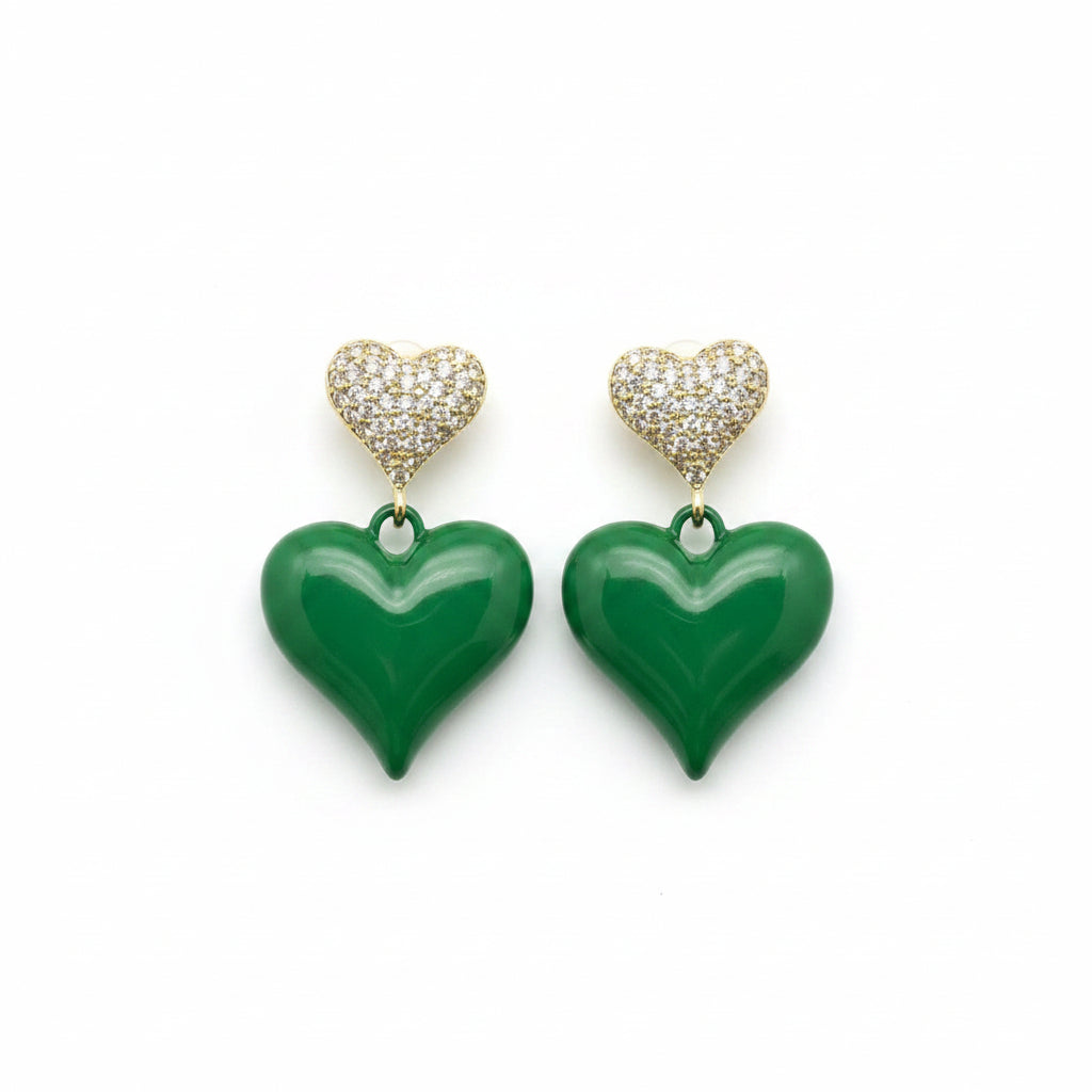Enamel Green Heart Charm Post Earrings