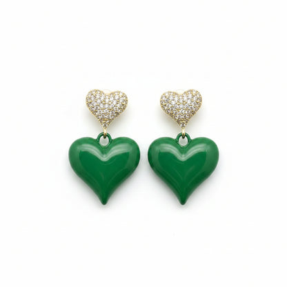 Enamel Green Heart Charm Post Earrings