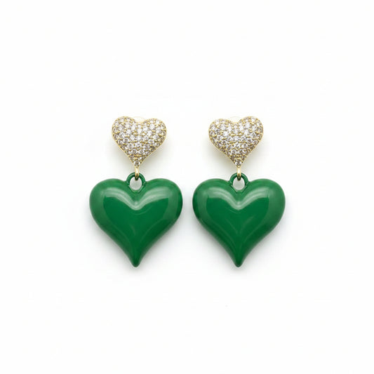 Enamel Green Heart Charm Post Earrings