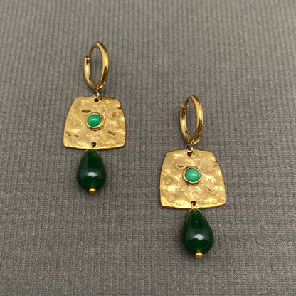 Green & Gold Aventurine Square Huggie Earrings