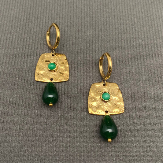Green & Gold Aventurine Square Huggie Earrings