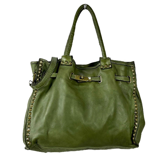 Studded Vintage Leather Shoulder Bag - Green
