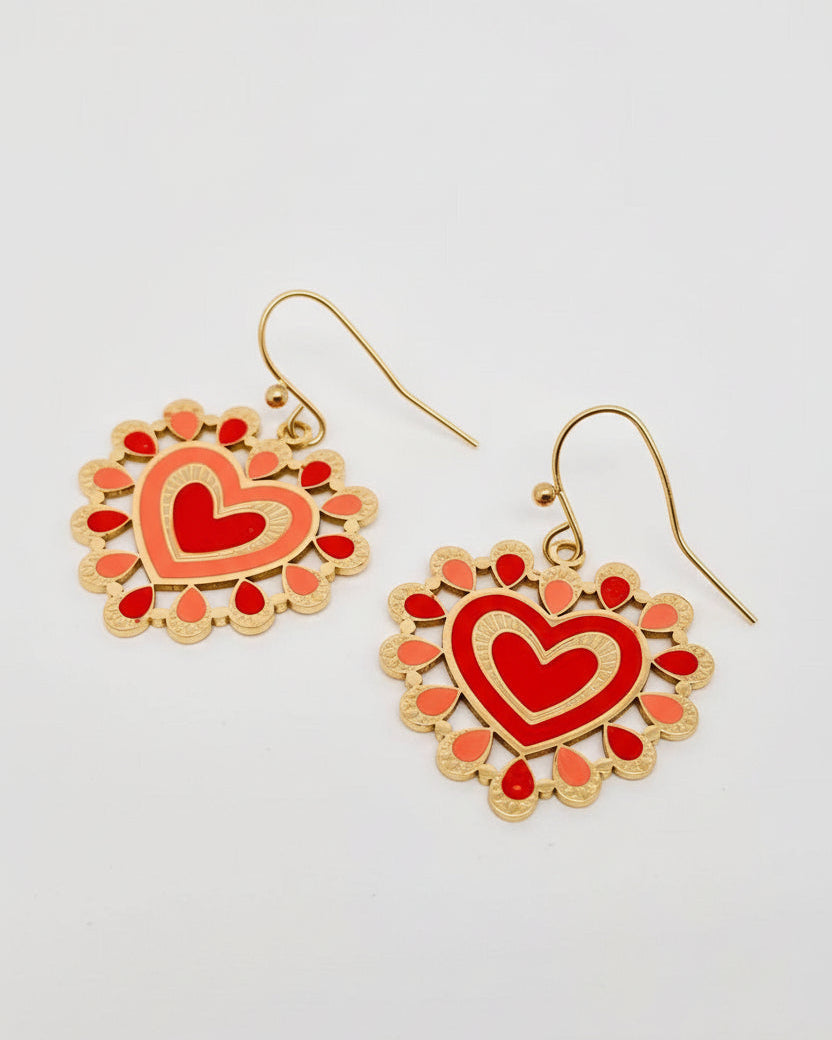 Pink and Red Enamel Heart Earrings