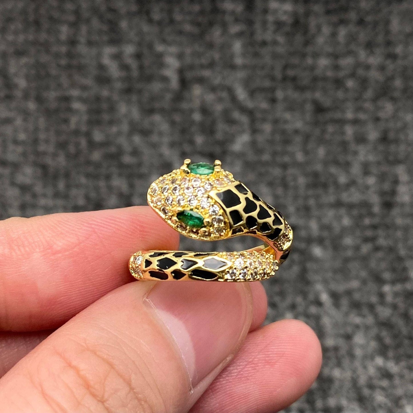 Inlaid Cubic Zirconia Enamel Snake Golden Adjustable Ring: White