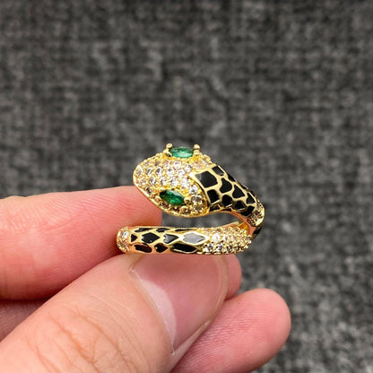 Inlaid Cubic Zirconia Enamel Snake Golden Adjustable Ring: White