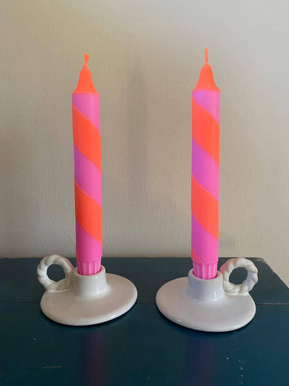 Neon Orange & Pink Spiral Twist Hand Dipped Dinner Candles 