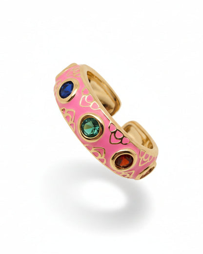 Pink Enamel Adjustable Ring with Cubic Zirconia - CZ Statement Ring