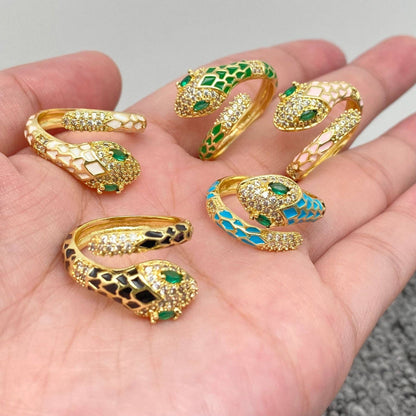 Inlaid Cubic Zirconia Enamel Snake Golden Adjustable Ring: Black
