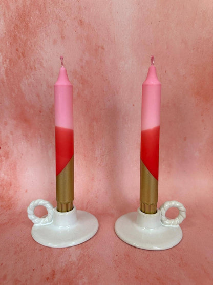 Hand Dipped Pink, Red & Gold Valentines Day Dinner Candles 