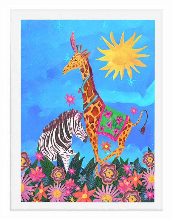 Dancing Giraffe & Zebra - A3 Print