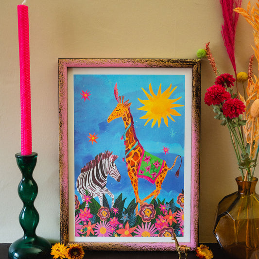 Dancing Giraffe & Zebra - A3 Print