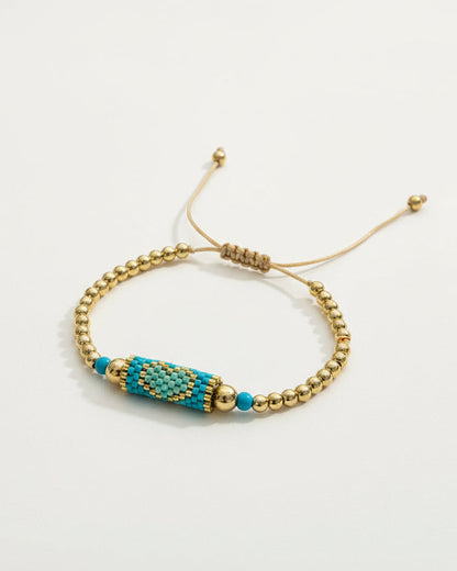 Boho Heart Pattern Seed Bead Bracelet - Gold Plated Adjustable Charm Bracelet