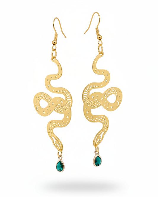 Gold snake-shaped earrings with green drops on a white background