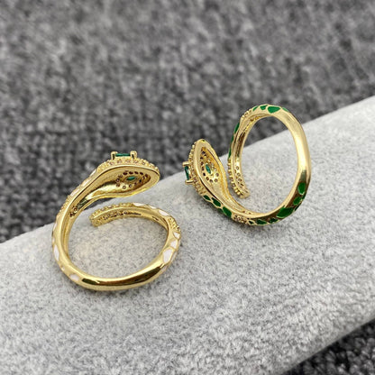 Inlaid Cubic Zirconia Enamel Snake Golden Adjustable Ring: White