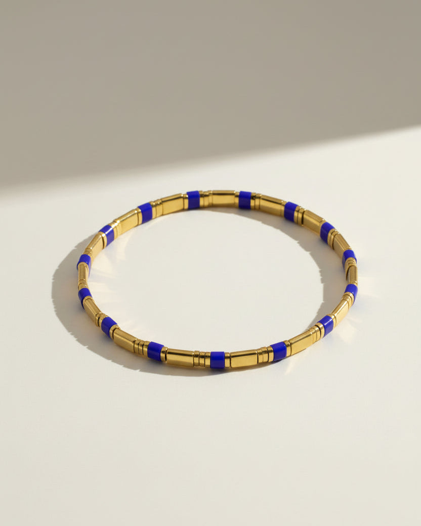 Blue  Hematite & Glass Beaded Elastic Bracelet