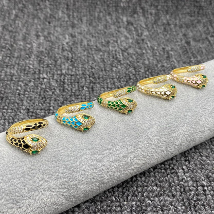 Inlaid Cubic Zirconia Enamel Snake Golden Adjustable Ring: White