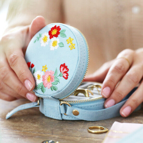 Embroidered round Travel Jewellery Case
