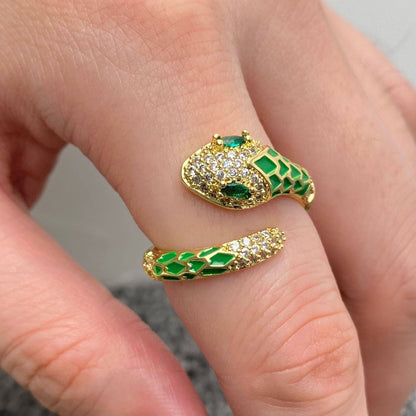 Inlaid Cubic Zirconia Enamel Snake Golden Adjustable Ring: Black