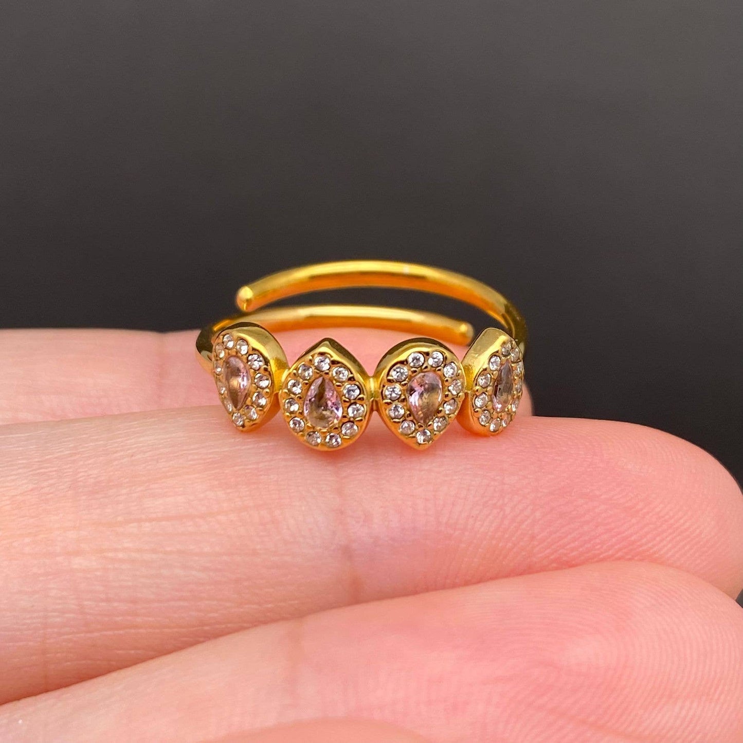 Zircon Inlaid 18K Gold Plated S.Steel Adjustable Ring - FGS: Blue