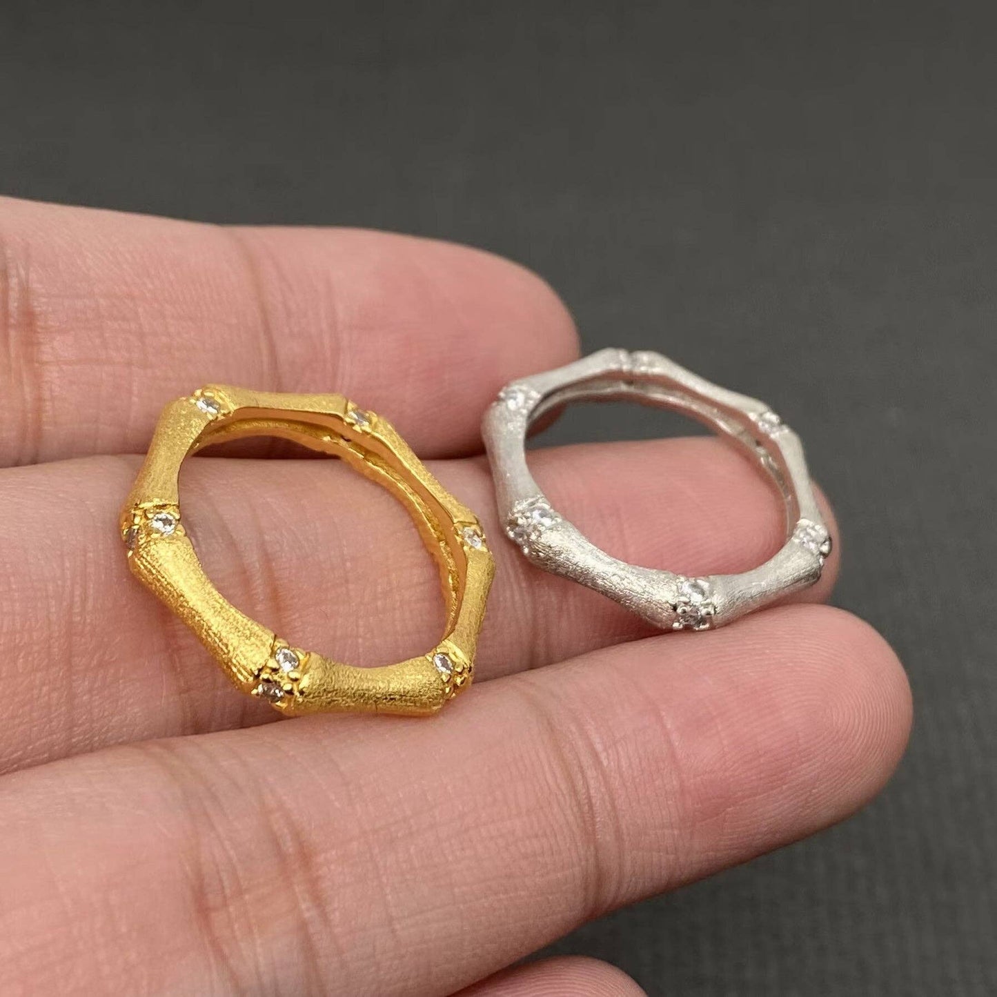 Matt Silver Rhinestone Inlaid Bamboo Ring