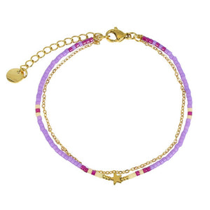 Double Beaded and Chain Bracelet with Star - Purple