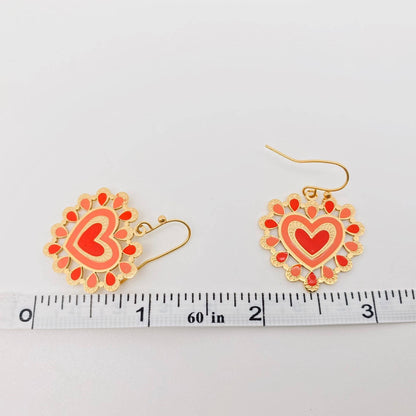 Pink and Red Enamel Heart Earrings