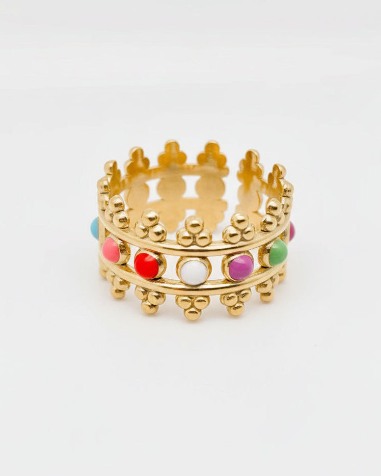 Adjustable 18K gold plated crown ring with pink, blue, green, purple, red, white, black, enamel accents
