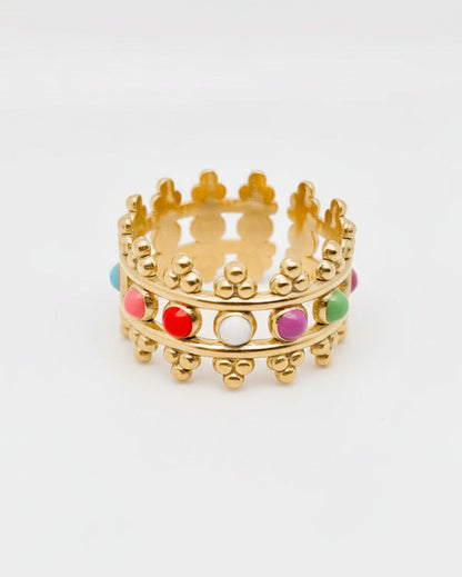 Adjustable 18K gold plated crown ring with pink, blue, green, purple, red, white, black, enamel accents
