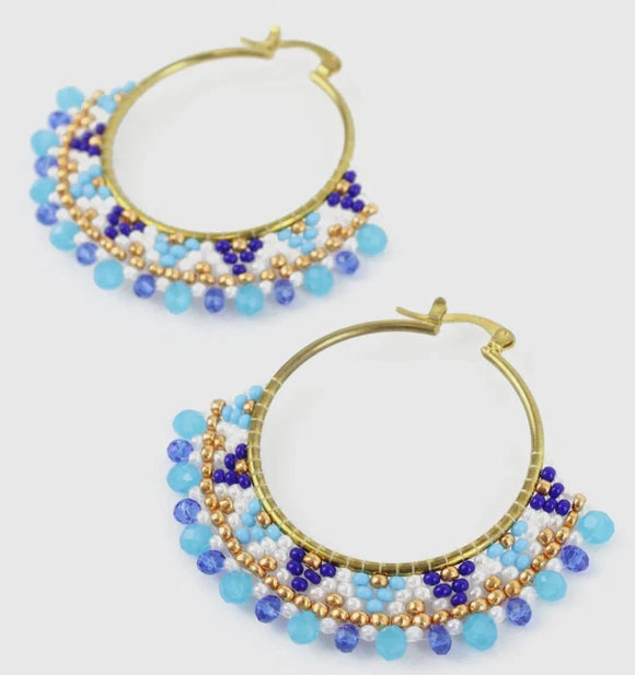 Blue Round Beaded Hoops