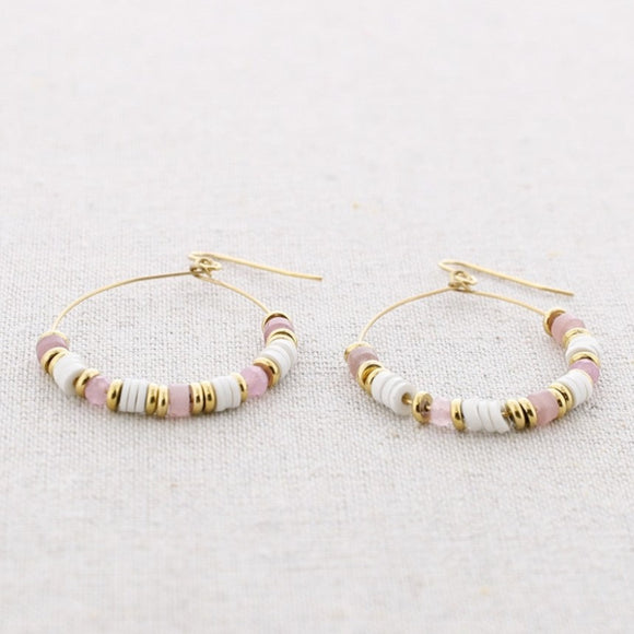 Stone Hoop Earrings - Pink