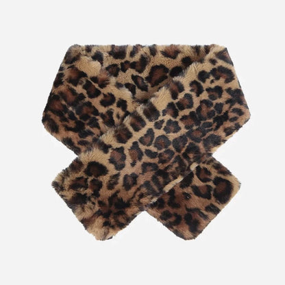 A brown leopard print faux fur scarf with a tuck-through style.