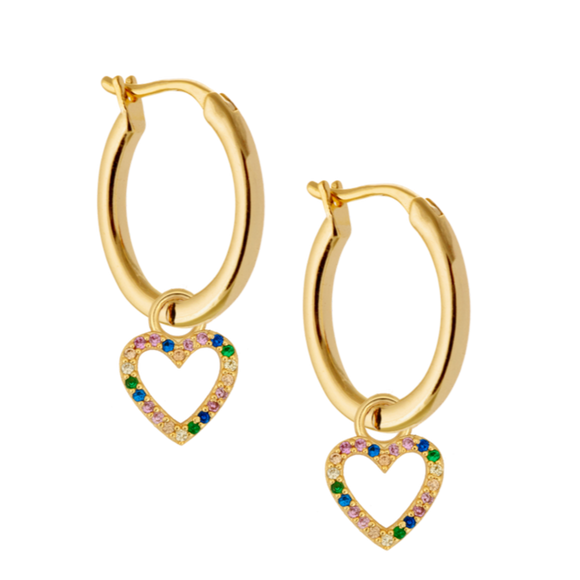 Small gold hoops - with rainbow heart