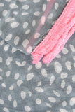 Grey and white spotted scarf with fuchsia fringe trim